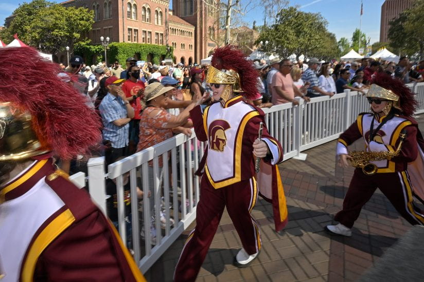 Members of the USC Trojan Marching Band greet fans during Saturday’s festival opening. (USC Photo/Gus Ruelas)