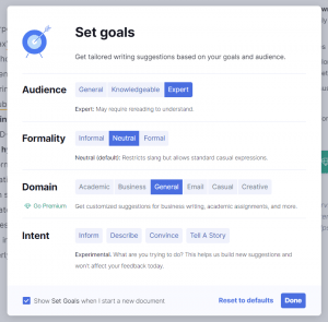 Grammarly's goal-setting widget