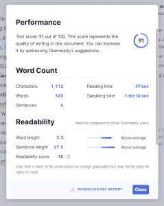 Image of a Grammarly score report