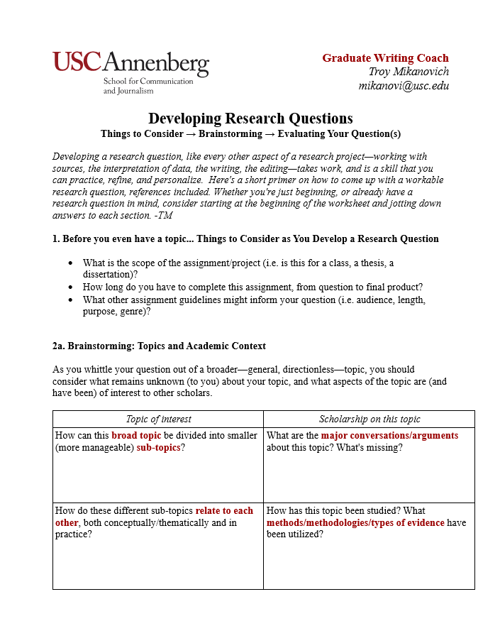 An image of the Developing Research Questions handout