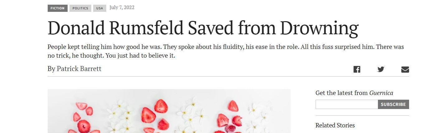 An image of the article "Donald Rumsfeld Saved from Drowning" There are strawberries and flowers popping out of white soft serve cones.