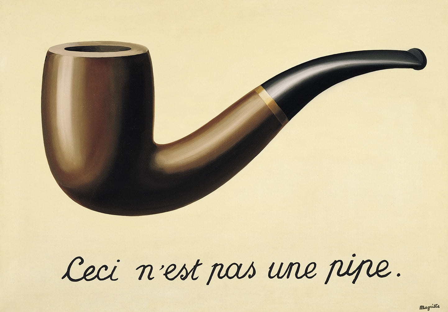 Magritte's "The Treachery of Images," a painting of a smoking pipe captioned with "Ceci n'est pas une pipe"