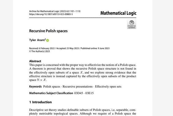 A screenshot of the first page of the article "Recursive Polish Spaces" by Tyler Arant, published in Mathematical Logic.