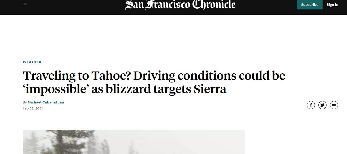 A screenshot of the article "Driving to Tahoe?" on the San Francisco Chronicle website