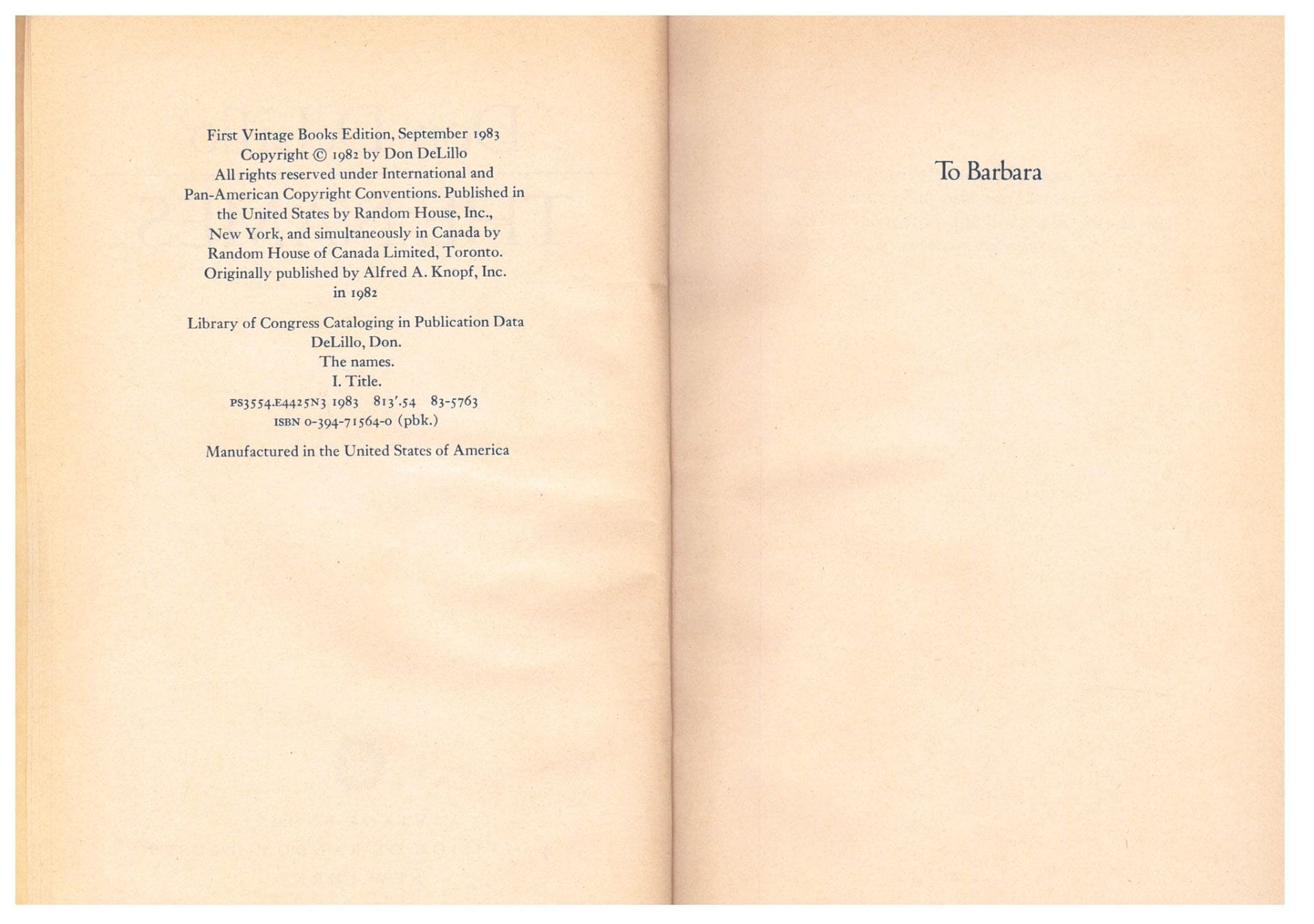Publication information for the Names, from the first few pages of the book.