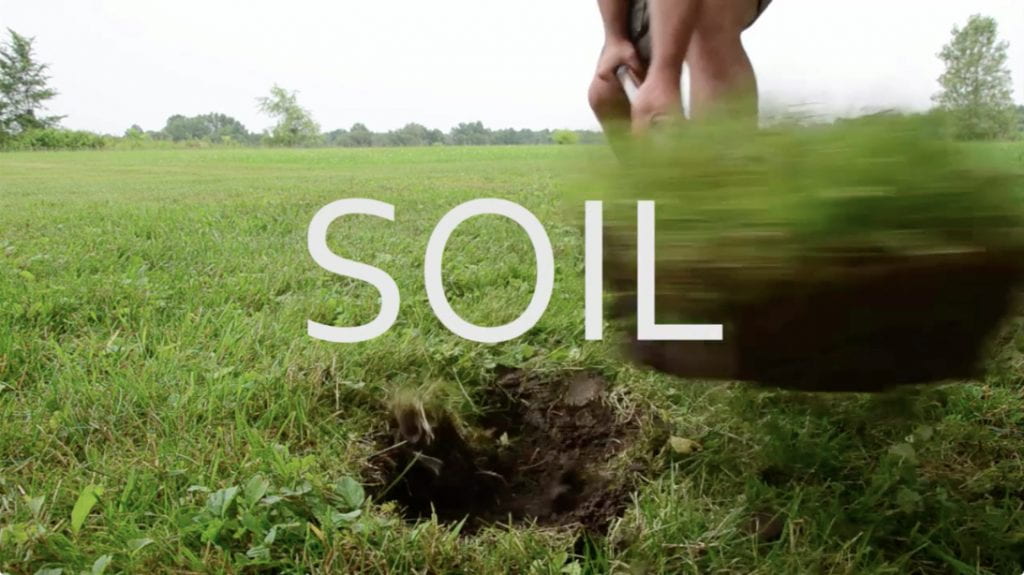 A photo depicting a small hole freshly dug in the ground, with the word "SOIL" superimposed.
