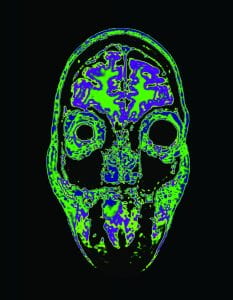 MRI images of Artists' brain and skeleton, in black and white (1) and colorized (2, 3, 4), printed on backlit film and displayed on illuminated x-ray view boxes.