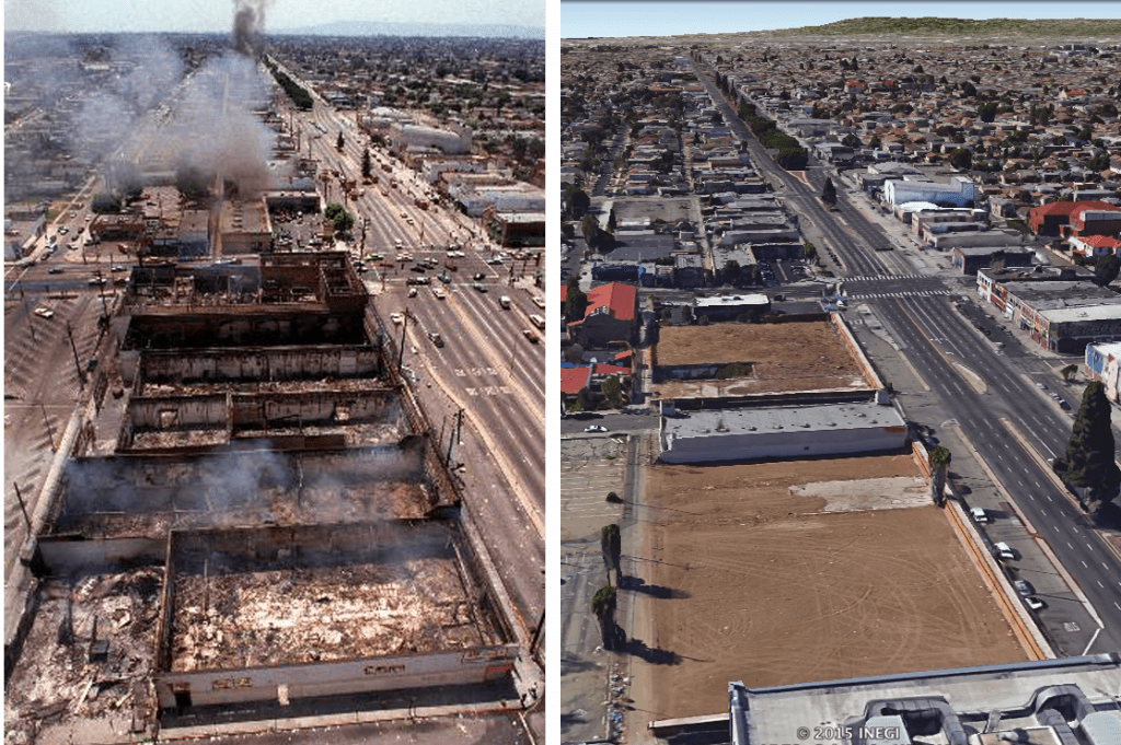 Burned blocks at Vermont and Manchester Avenues, 1992 and 2016. Left: AP Photo/Paul Sakuma. Right: Google Earth