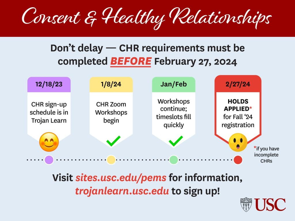 Consent and healthy relationships--workshops must be completed by February 27, 2024 to avoid a registration hold for fall 2024. Sign up at trojanlearn.usc.edu starting December 16, sessions are offered beginning January 8, 2024.