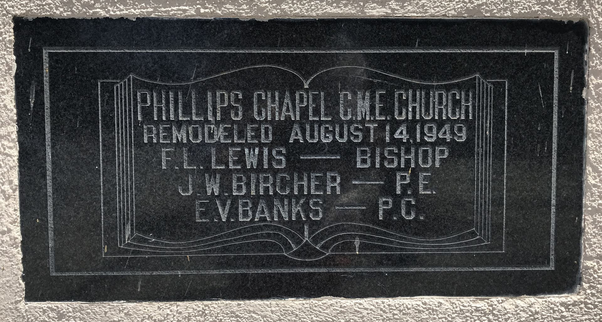 Close-up of a plaque on Phillips Chapel C.M.E. Church in Santa Monica.