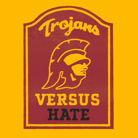 Gif saying Trojans versus hate, call 211 report hate. 