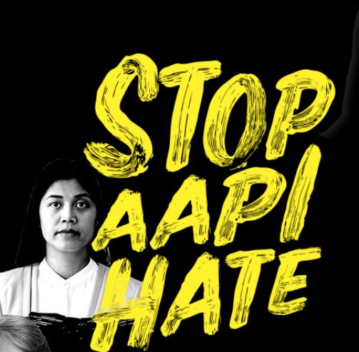 Text saying stop aapi hate with asian woman in the background