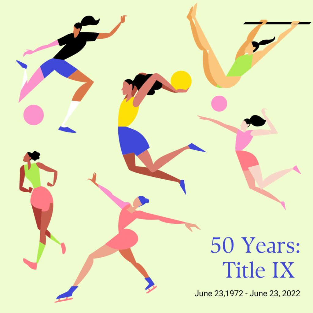 Image of women doing sports labeled 50 years: title IX. june 23, 1972 - June 23, 2022