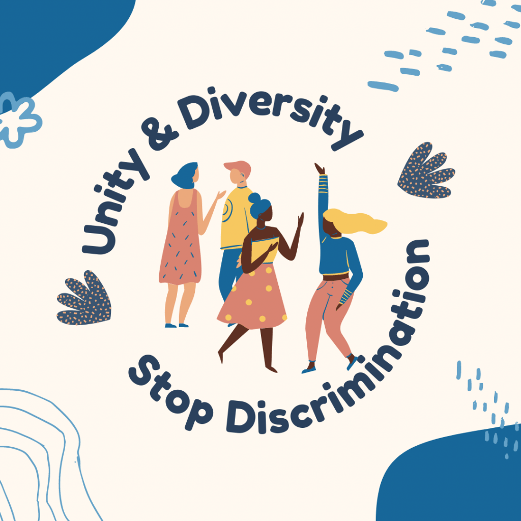 Image text Unity & Diversity, stop discrimination with cartoon people dancing.