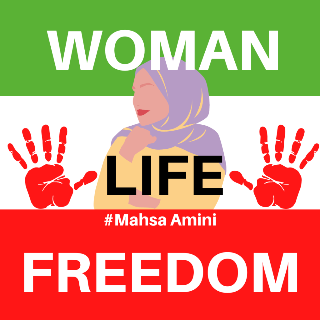 woman in hijab again iranian flag colors, with txt woman, life, freedom, mahsa amini