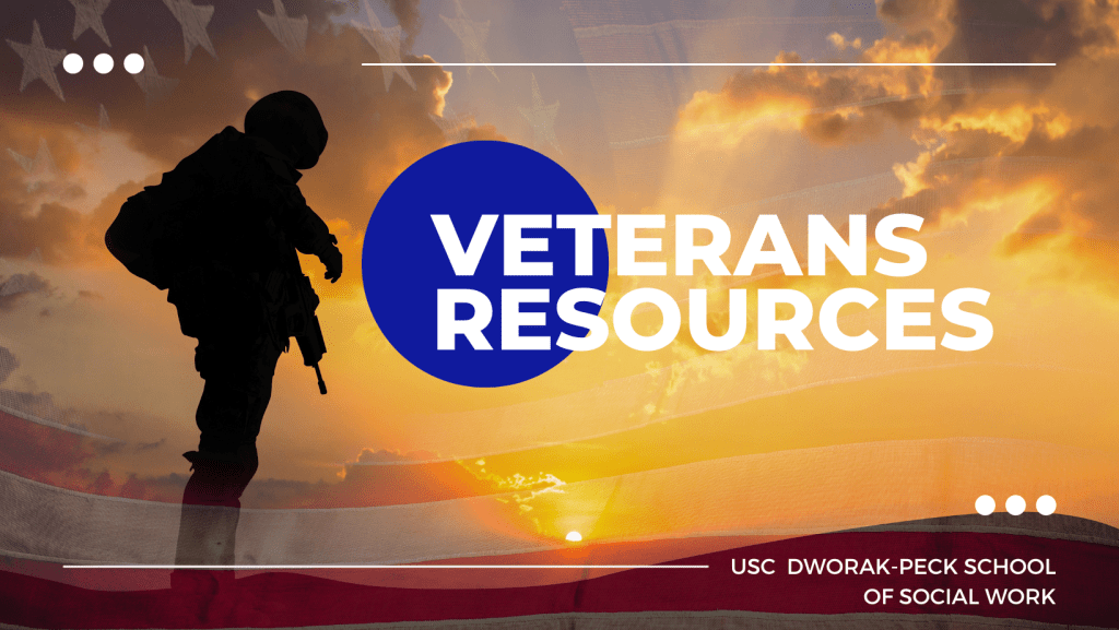 Titled Veterans Resources on a background of a flag with a silhouette of a man in military uniform.