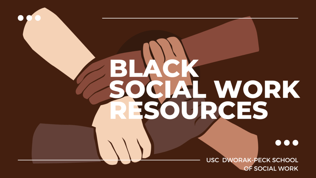 Text saying Black Social Work Resources over background of melanated hands grasping each other to form a square.