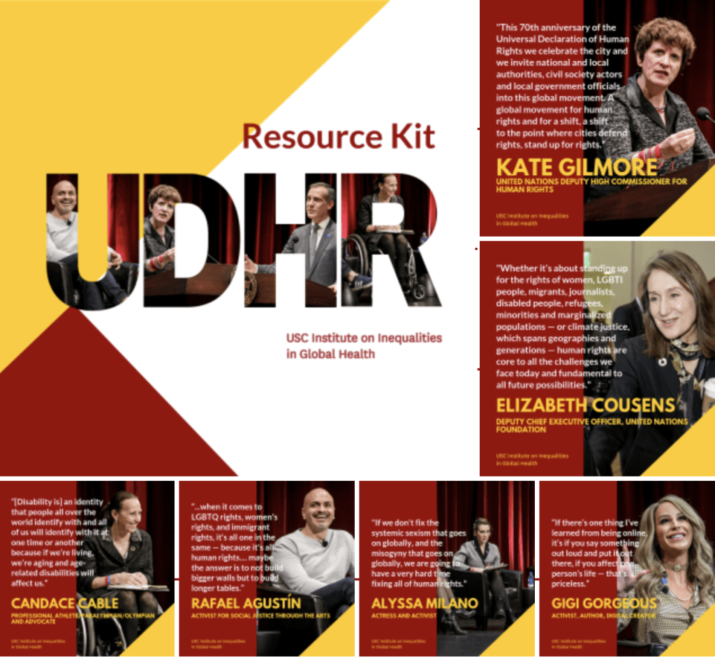 TItled UDHR Resource Kit, With photos of speakers Kate Gilmore, Elizabeth Cousens, Candace Cable, Rafael Agustin, Alyssa Milano and Gigi Gorgeous with quotes that are unreadable. 