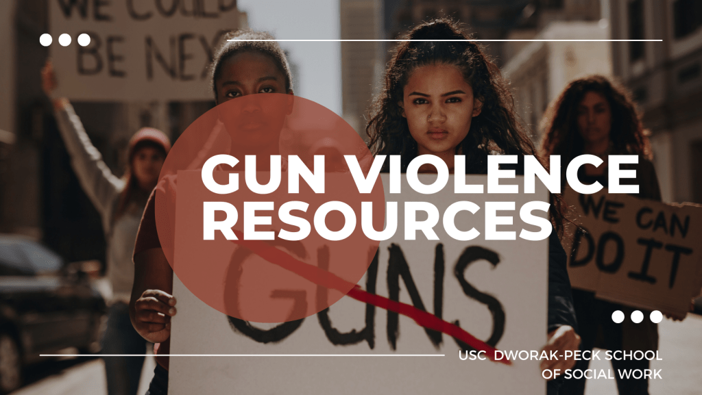 Image titled gun violence resources on the background of protestors holding anti gun signs.