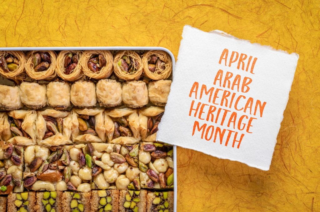 April Arab American Heritage Month image with Arab foods