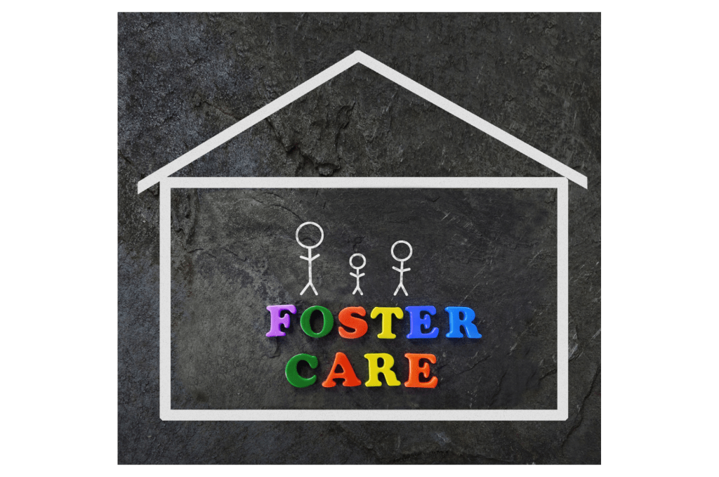 Drawing of house with 3 people inside with text "Foster Care" 